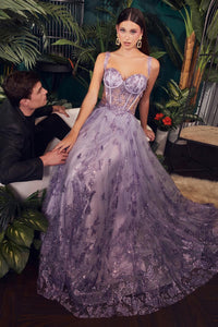 Ladivine Dress CB102 - Plunging Neckline, Long Floral Fit and Flare Gown