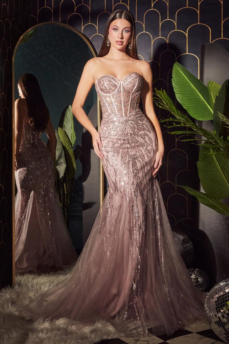 Ladivine Dress CB116 - Plunging Neckline, Long Floral Fit and Flare