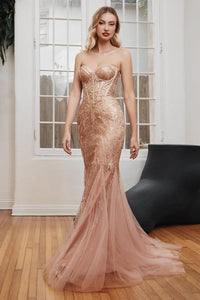 Ladivine Dress CB116 - Plunging Neckline, Long Floral Fit and Flare