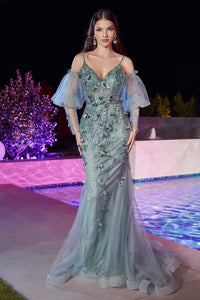 Ladivine Dress CB121 - Plunging Neckline, Long Floral Fit and Flare