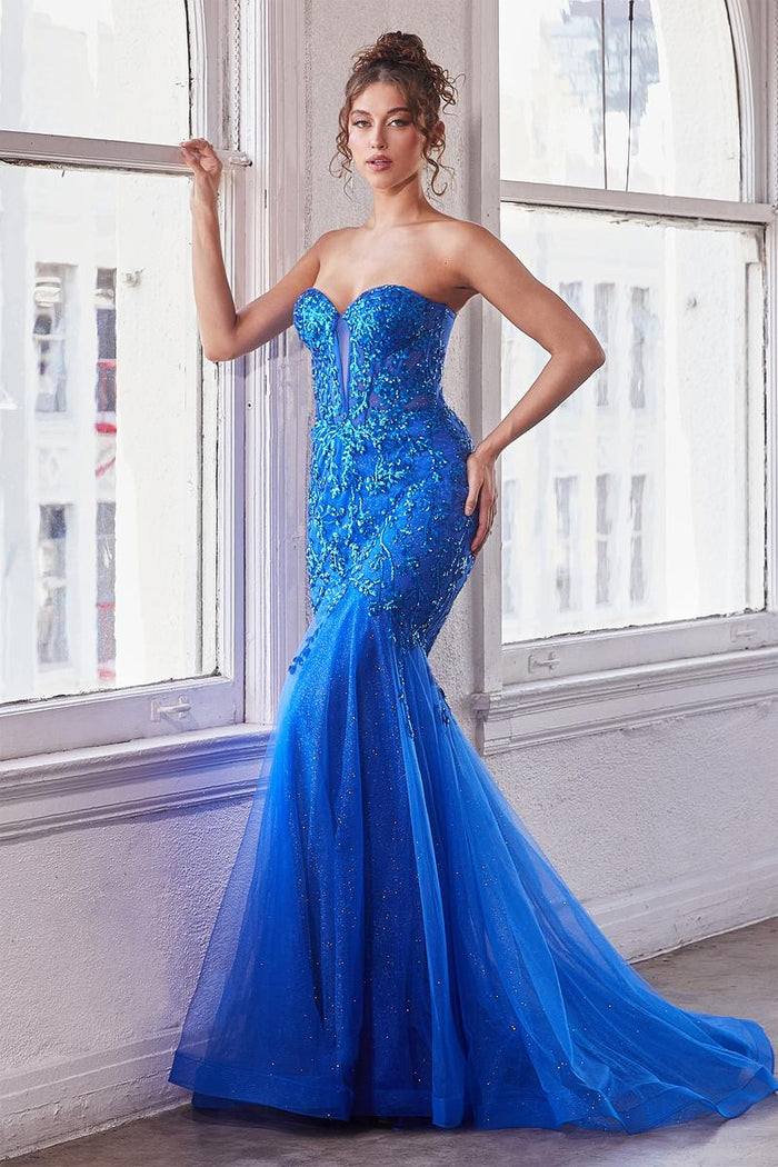 Ladivine Dress CB139 - Plunging Neckline, Long Floral Fit and Flare Gown