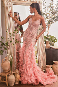 Ladivine CC1608 Dress - Plunging Neckline, Long Feathered Fit and Flare