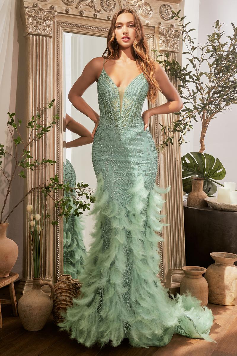 Ladivine CC1608 Dress - Plunging Neckline, Long Feathered Fit and Flare