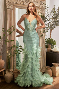Ladivine CC1608 Dress - Plunging Neckline, Long Feathered Fit and Flare
