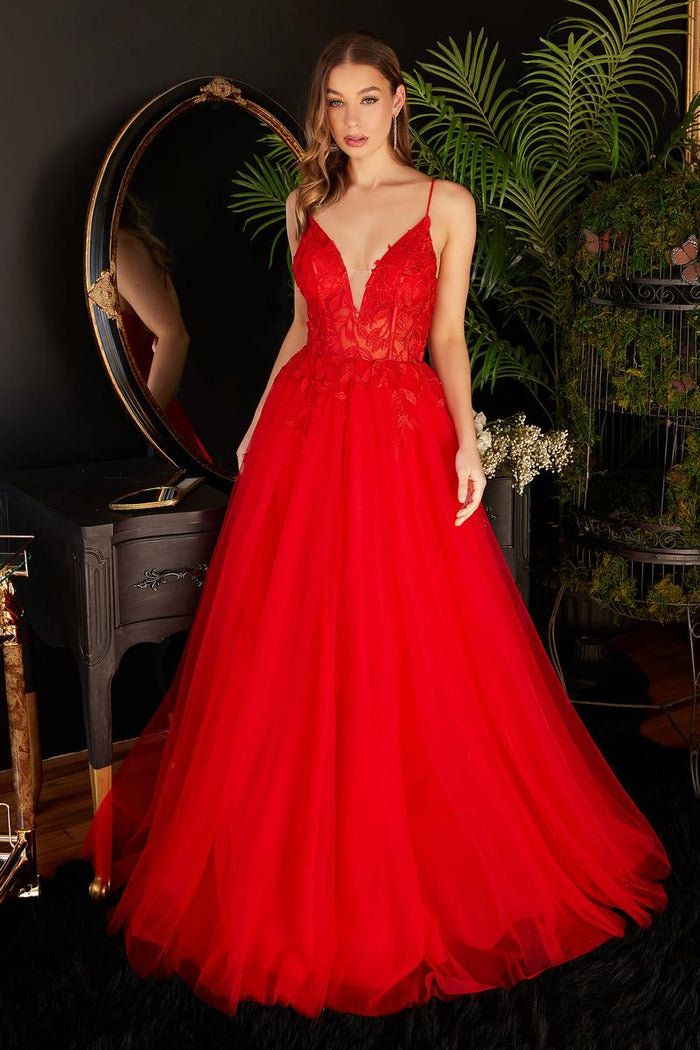 Ladivine Dress CD2214 - Plunging V-Neck A-Line Gown
