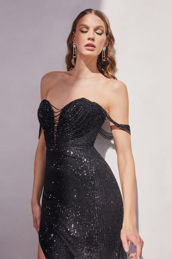 Ladivine Dress CD290 - Plunging Neckline, Long Floral Fit and Flare