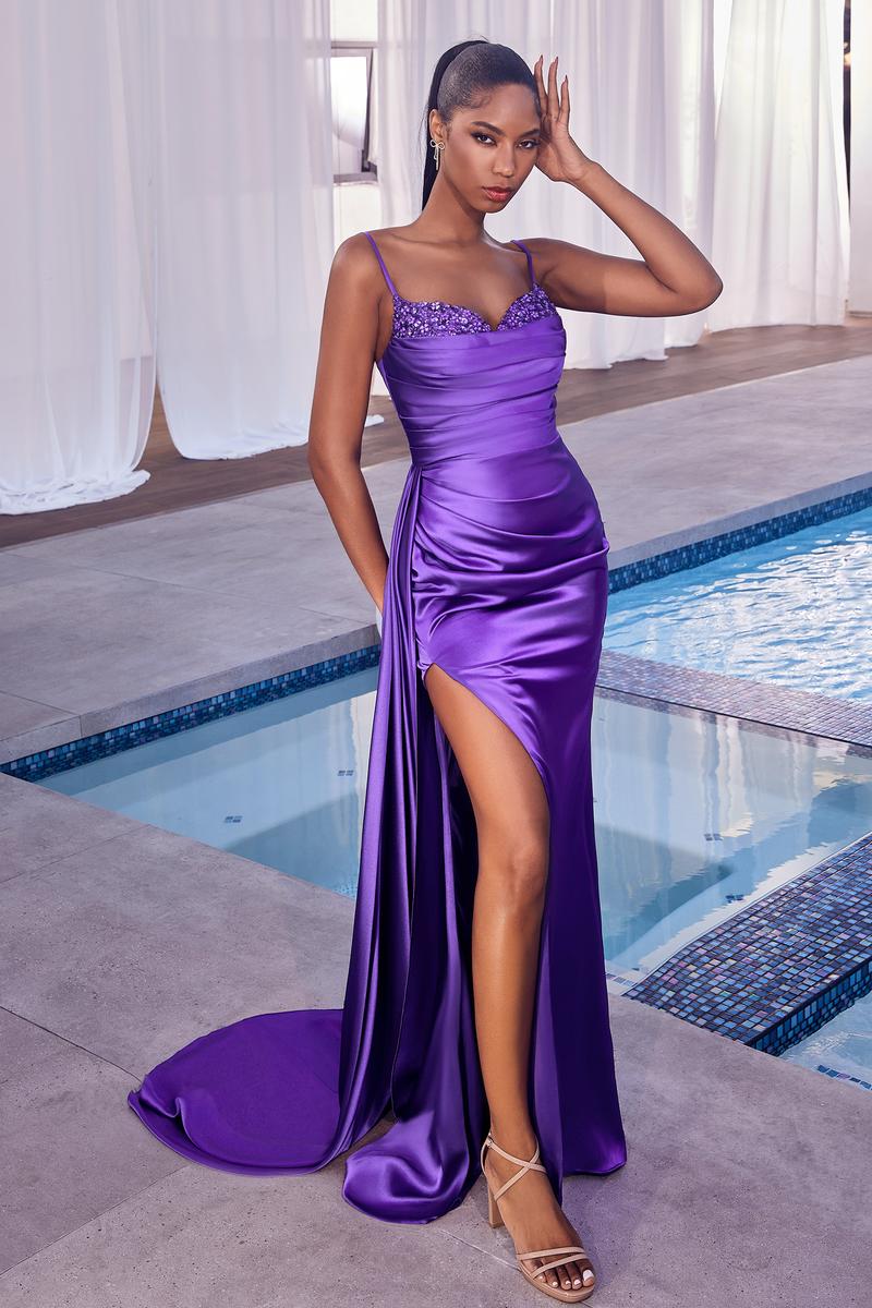 Ladivine Dress CD340 - Plunge Neckline, Long Floral Fit and Flare