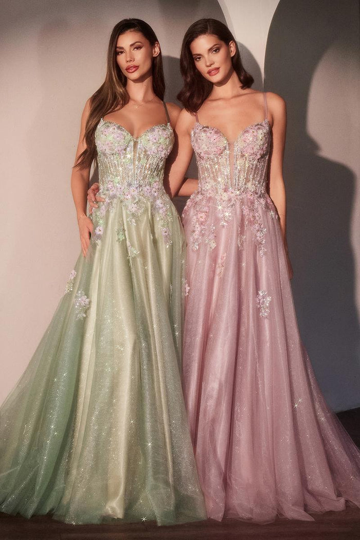 Ladivine Dress CD740 - Plunging Neckline, Long Floral Fit and Flare