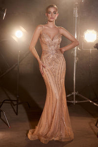 Ladivine Dress CD845 - Plunge Neckline, Long Floral Fit and Flare