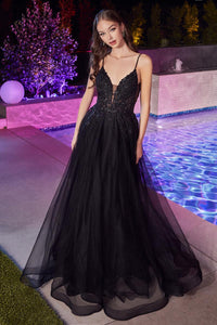 Ladivine Dress CD874 - Plunge Neckline, Long Floral Fit and Flare Gown