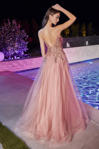 Ladivine Dress CD874 - Plunge Neckline, Long Floral Fit and Flare Gown
