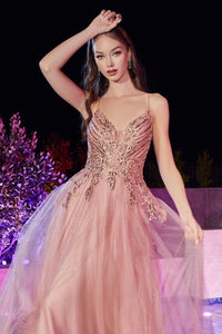 Ladivine Dress CD874 - Plunge Neckline, Long Floral Fit and Flare Gown