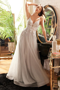 Ladivine Dress CD874 - Plunge Neckline, Long Floral Fit and Flare Gown