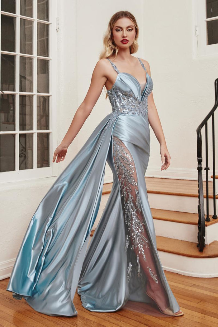 Ladivine CDS417 Floral Sheer Bodice Long Dress with Slit