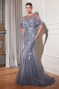 Ladivine Dress CDS438 - Plunge Neckline, Long Floral Fit and Flare