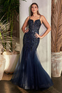 Ladivine Dress CDS488 - Plunging Neckline, Long Fit and Flare