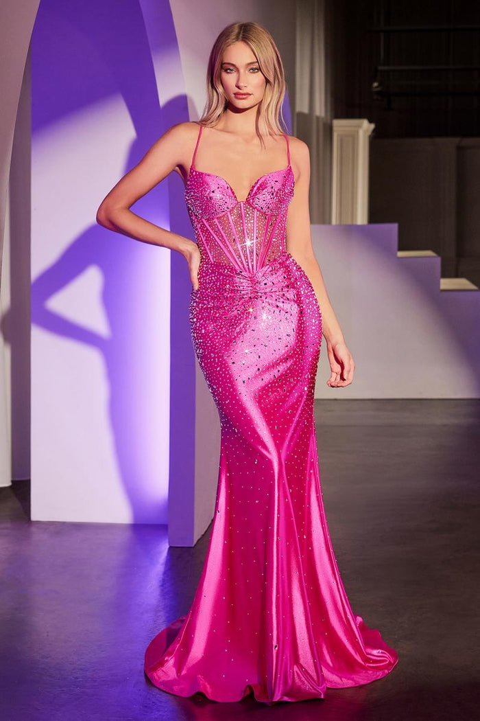 Ladivine CDS527 Floral Sheer Bodice Long Dress with Slit