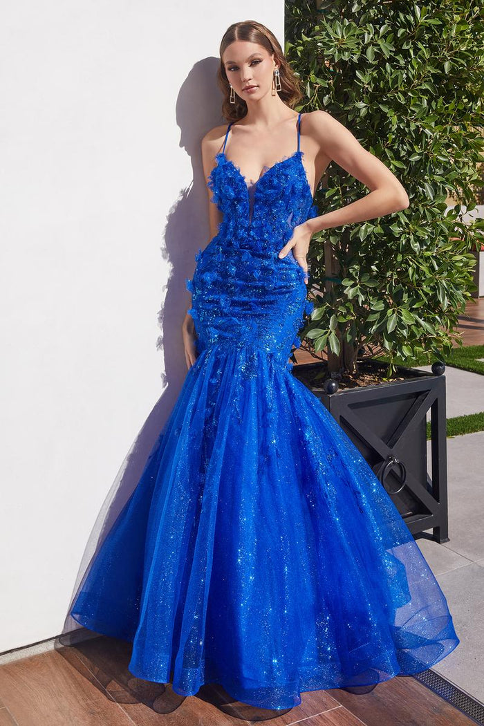 Ladivine Dress CM328 - Plunging Neckline, Long Floral Fit and Flare