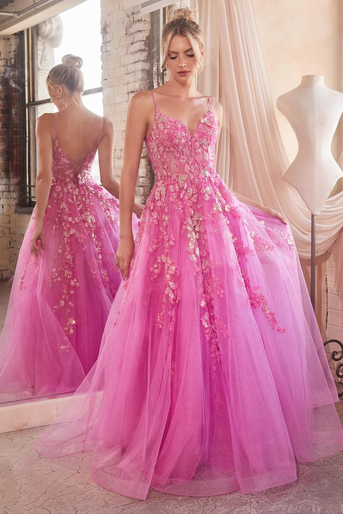 Ladivine Dress CM347 - Plunge Neckline, Long Floral Fit and Flare