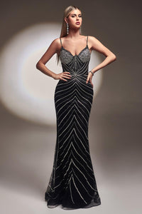 Ladivine Dress CR866 - Plunge Neckline, Long Floral Fit and Flare