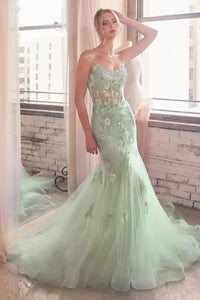 Ladivine Dress D145 - Plunge Neckline, Long Floral Fit and Flare