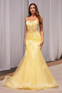Ladivine Dress D145 - Plunge Neckline, Long Floral Fit and Flare
