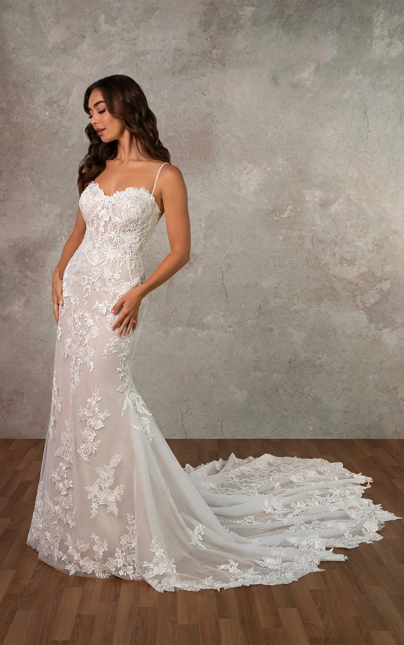 33619 - Lace Fit-and-Flare Wedding Dress with Beaded Spaghetti Straps