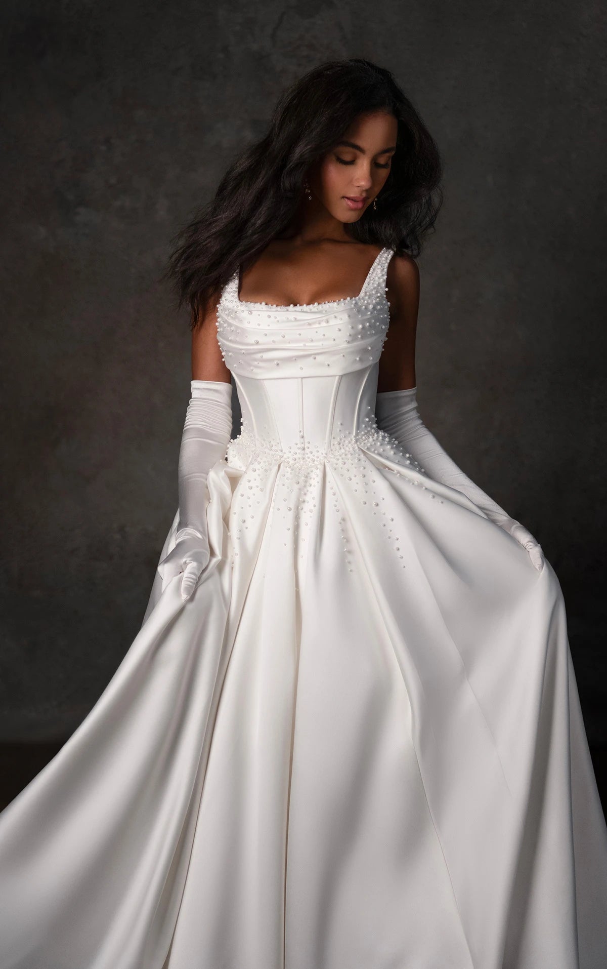 33609 - Mikado Ball Gown Bridal Dress with Pleated Skirt & Pearl Details