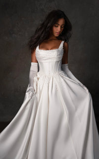 33609 - Mikado Ball Gown Bridal Dress with Pleated Skirt & Pearl Details