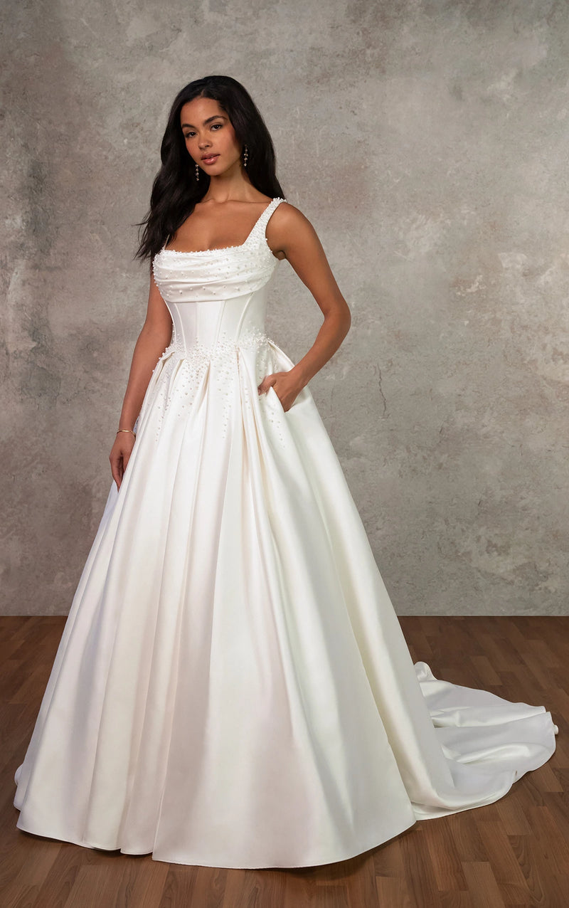 33609 - Mikado Ball Gown Bridal Dress with Pleated Skirt & Pearl Details