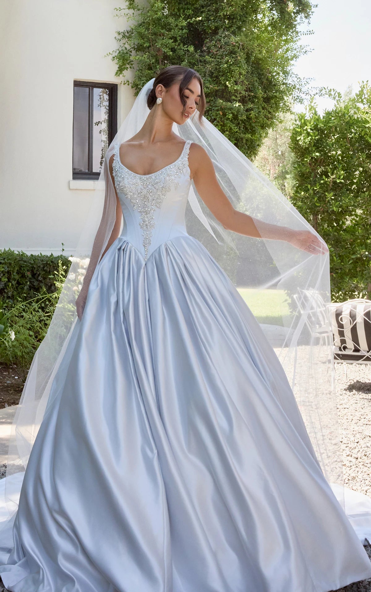 33606 -  Satin Ballgown with Silver Embellished Bodice and Basque Waist