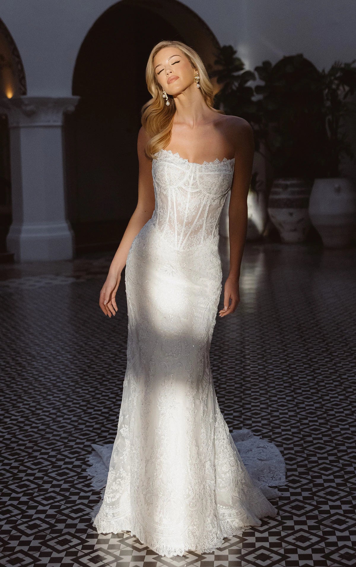 34796-Lace and Sequin Fit-and-Flare Wedding Dress