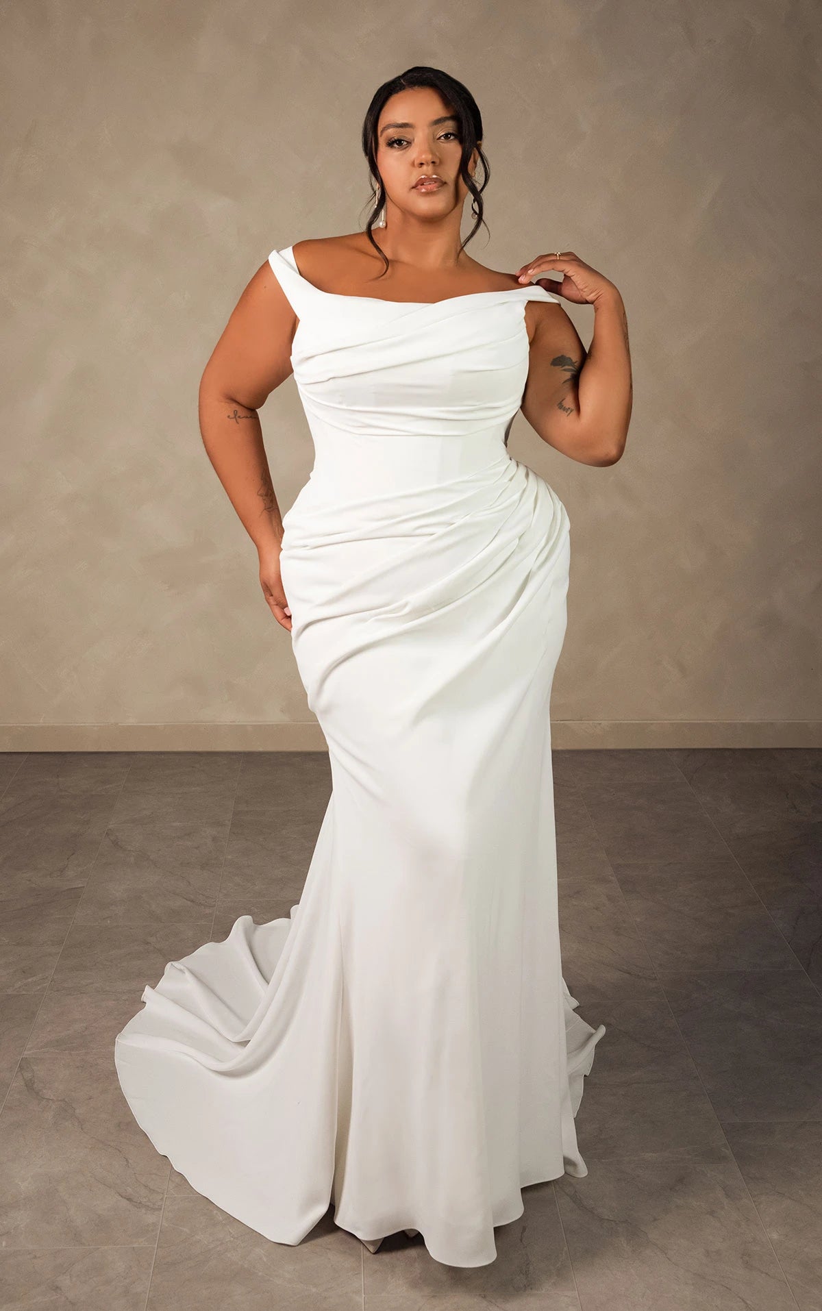 34788-Off the Shoulder Ruched Wedding Dress