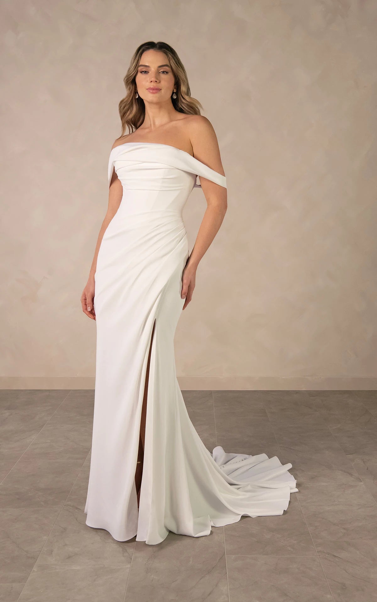 34788-Off the Shoulder Ruched Wedding Dress
