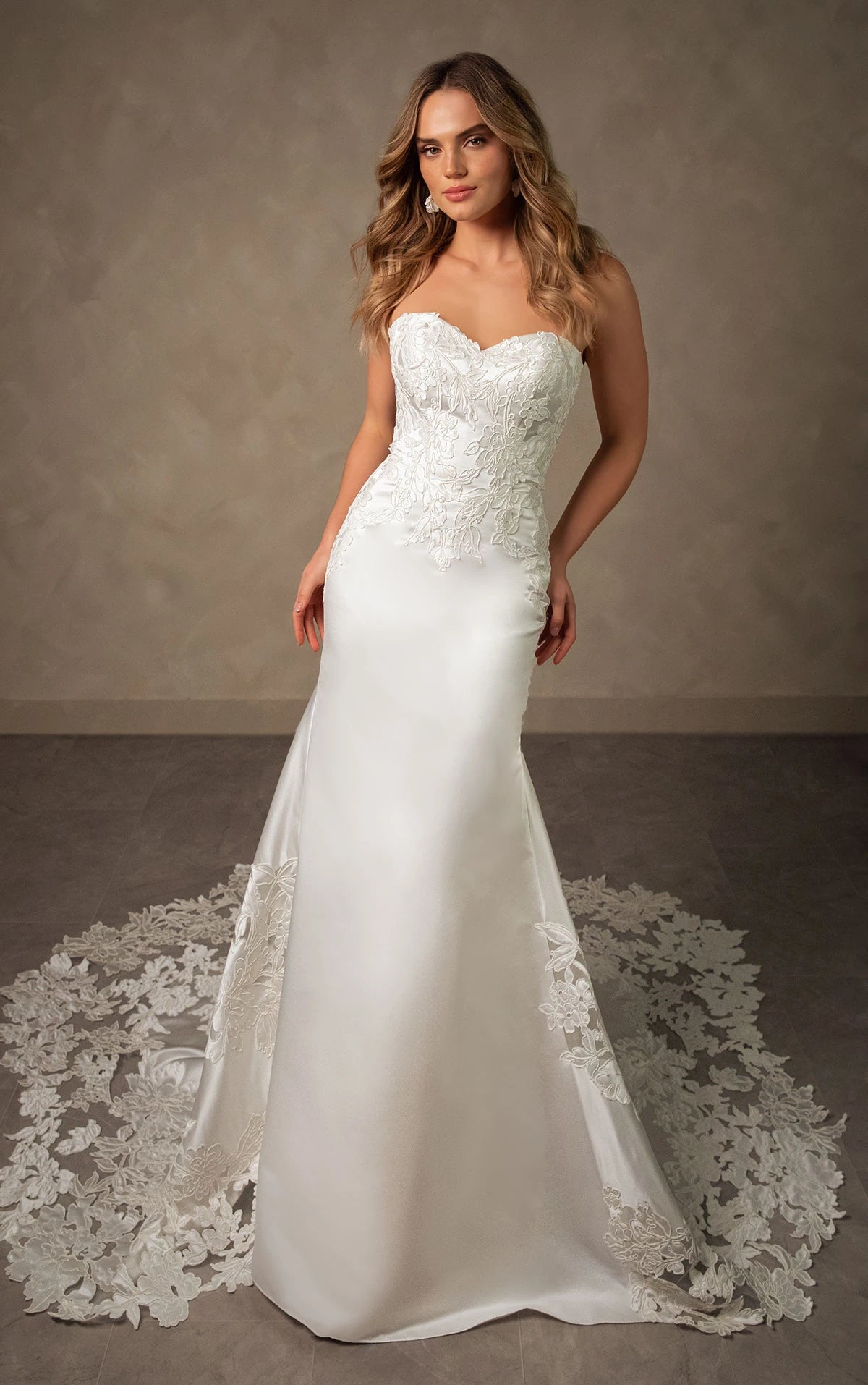 34795-Elegant Satin and Lace Fit-and-Flare Wedding Dress