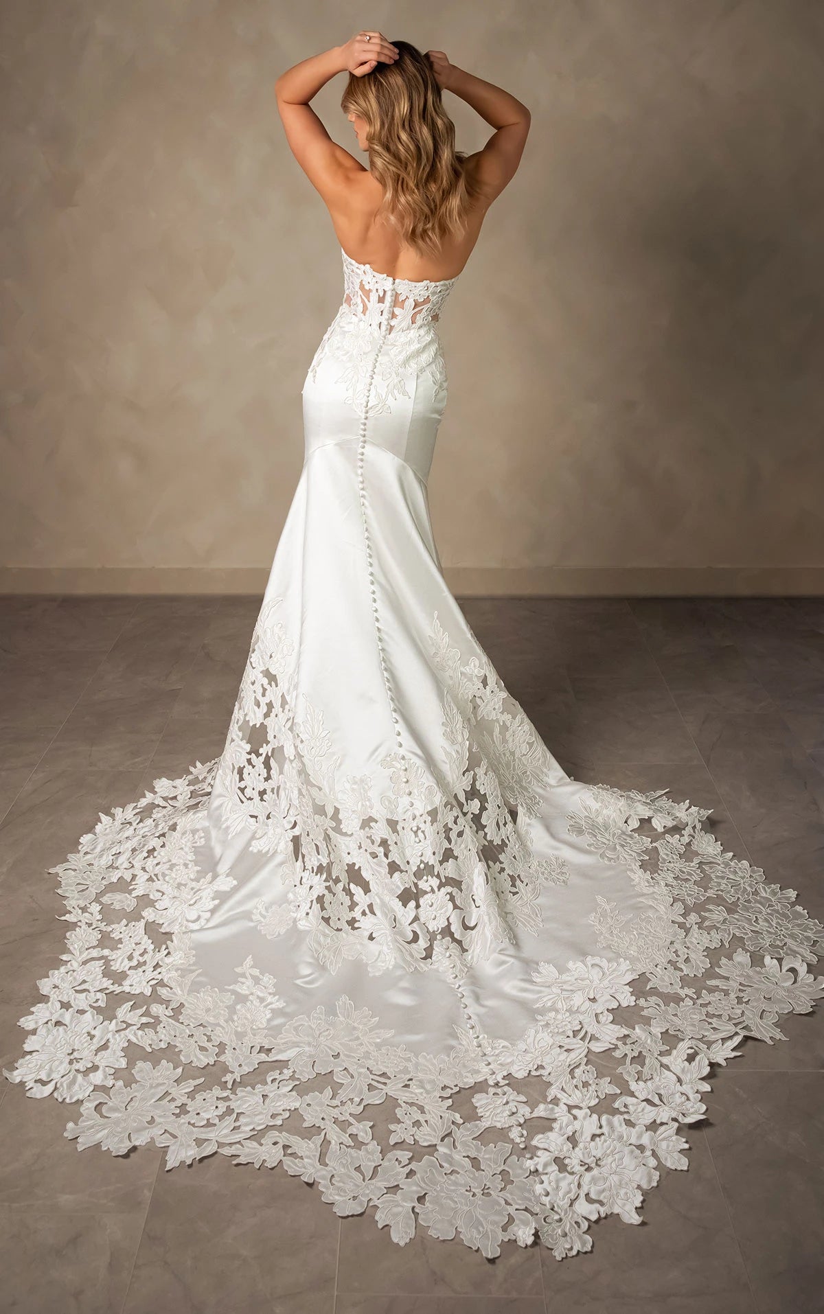 34795-Elegant Satin and Lace Fit-and-Flare Wedding Dress