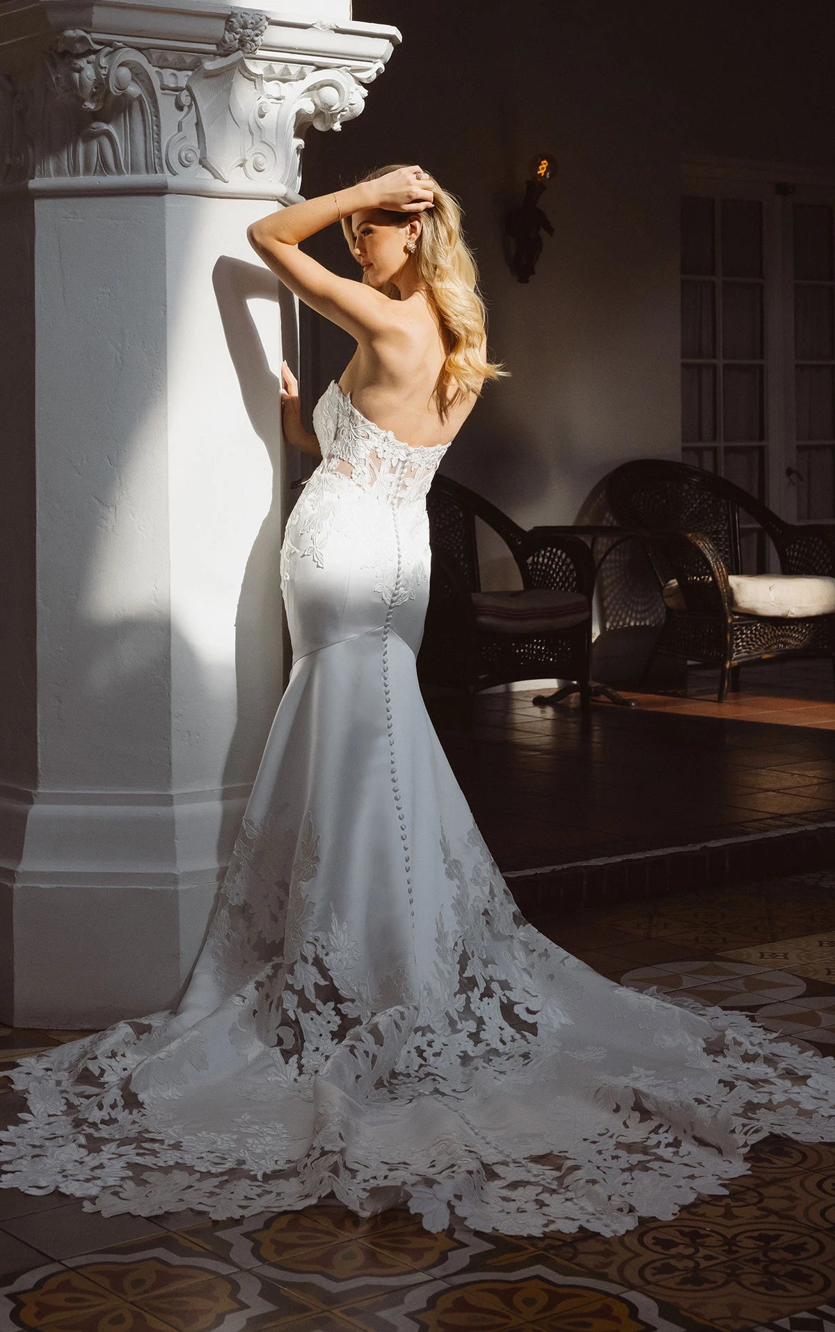 34795-Elegant Satin and Lace Fit-and-Flare Wedding Dress