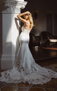 34795-Elegant Satin and Lace Fit-and-Flare Wedding Dress