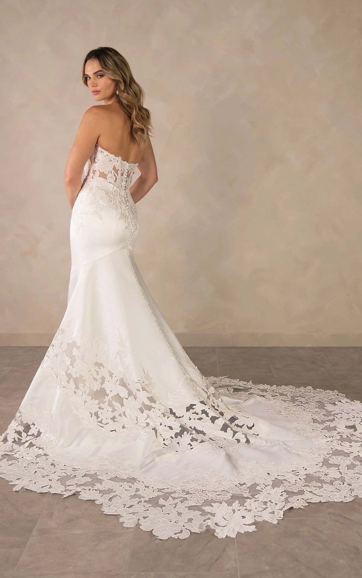 34795-Elegant Satin and Lace Fit-and-Flare Wedding Dress