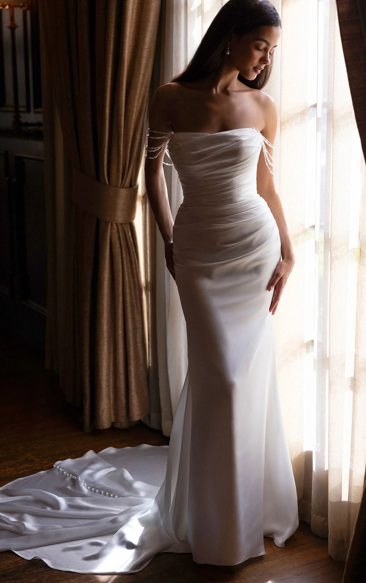 34789-Fitted Pearl Off the Shoulder Wedding Dress