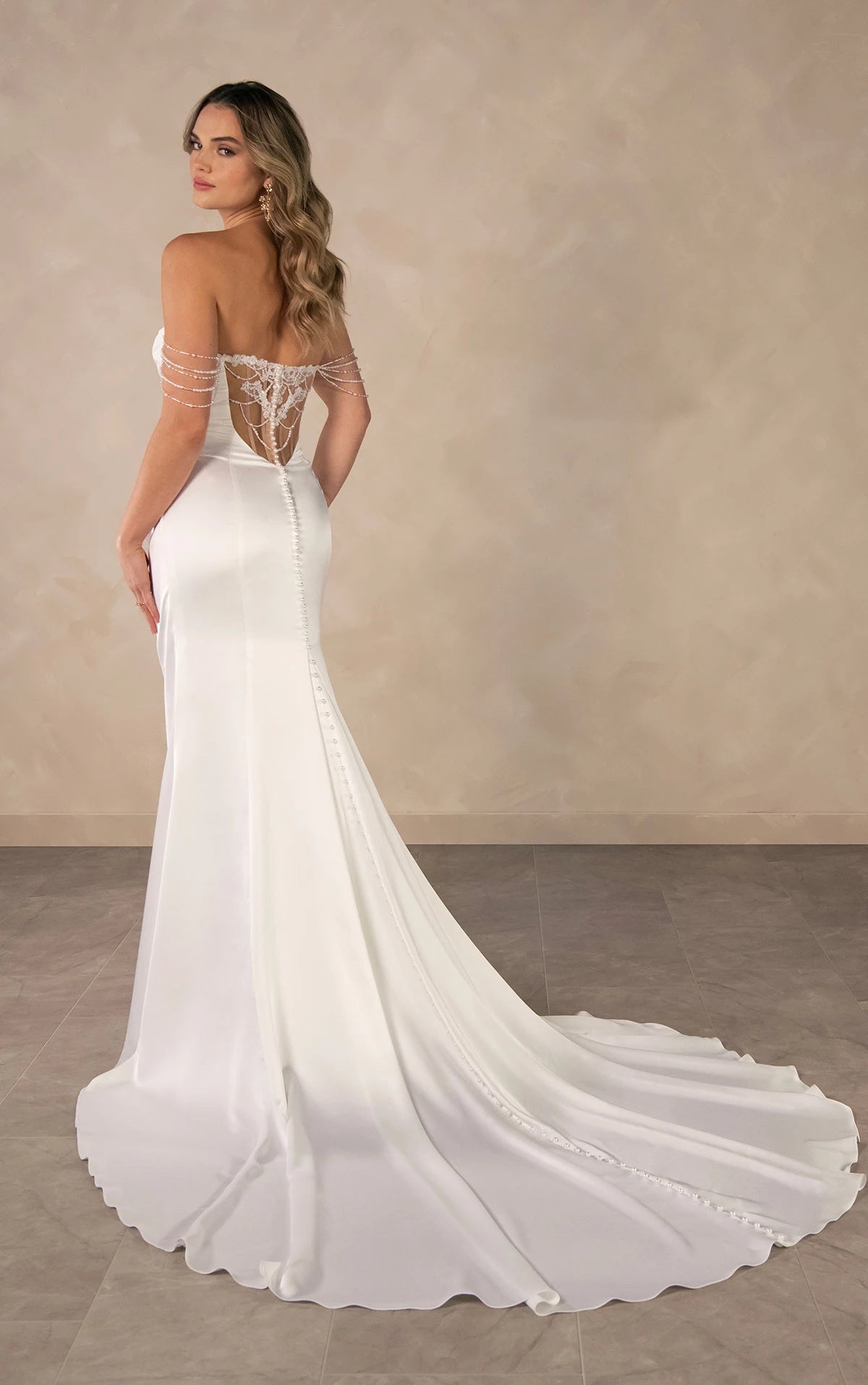 34789-Fitted Pearl Off the Shoulder Wedding Dress