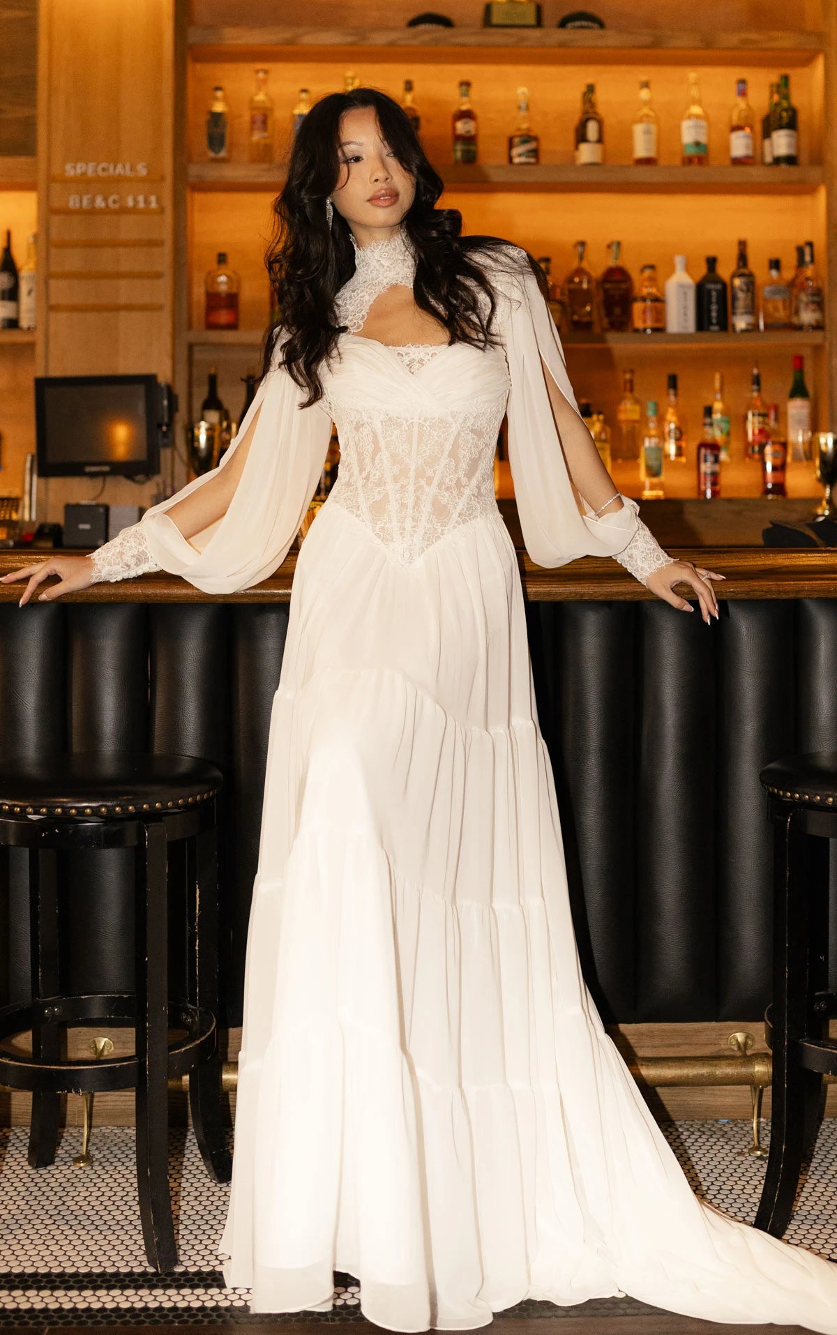 34784-Boho Chiffon Long Sleeve Wedding Dress