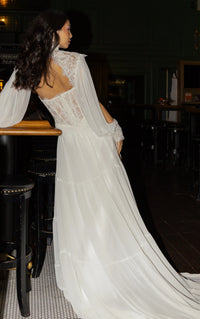 34784-Boho Chiffon Long Sleeve Wedding Dress