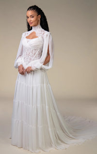 34784-Boho Chiffon Long Sleeve Wedding Dress