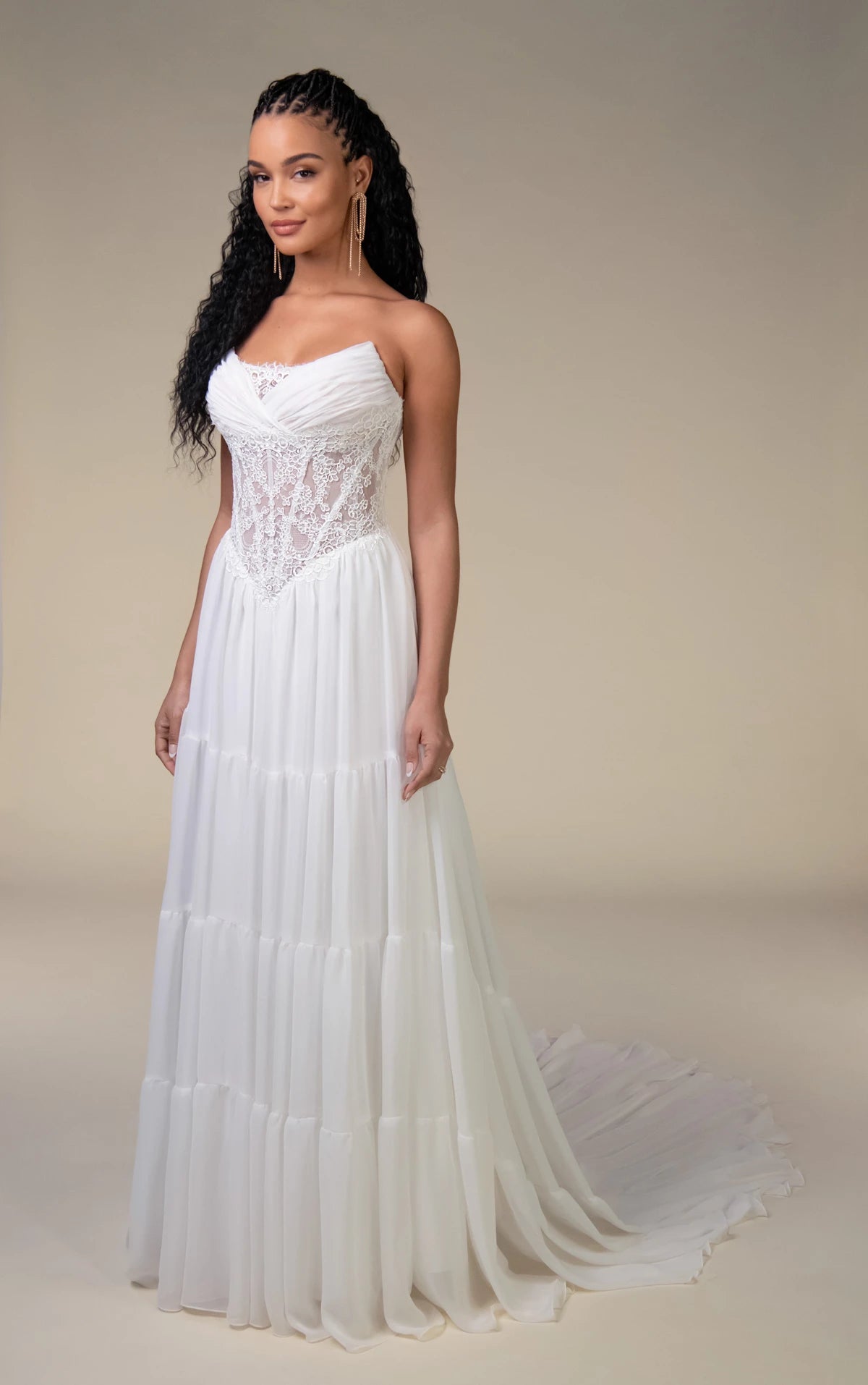 34784-Boho Chiffon Long Sleeve Wedding Dress