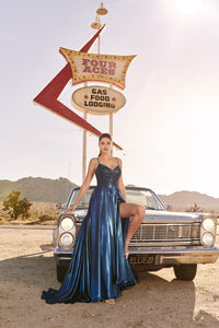 Ellie Wilde EW120107 Spaghetti Strap A-Line Gown with Slit