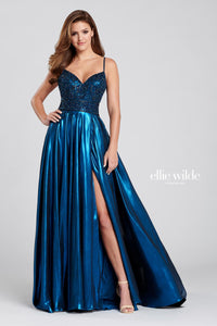 Ellie Wilde EW120107 Spaghetti Strap A-Line Gown with Slit