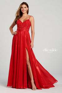 Ellie Wilde EW120107 Spaghetti Strap A-Line Gown with Slit