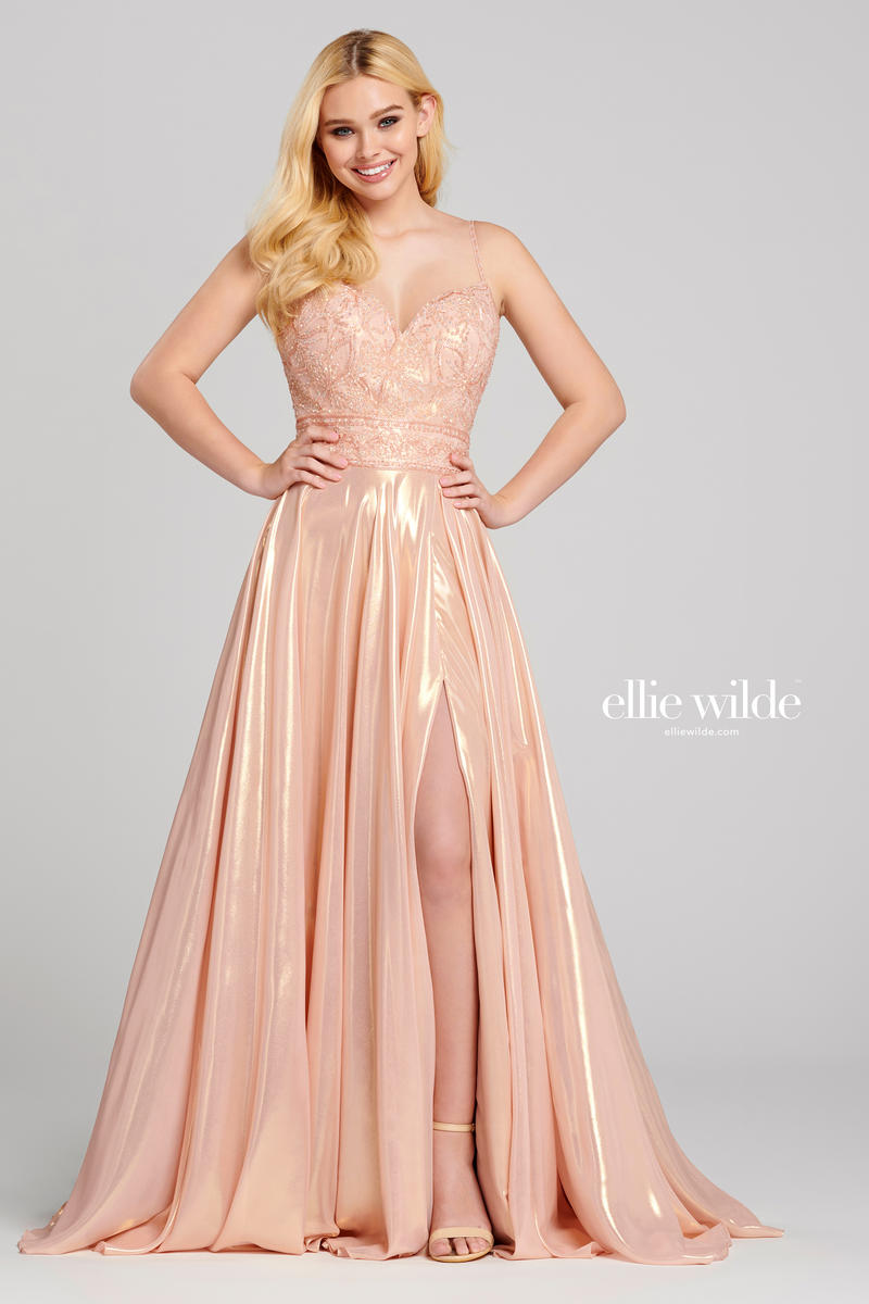 Ellie Wilde EW120107 Spaghetti Strap A-Line Gown with Slit