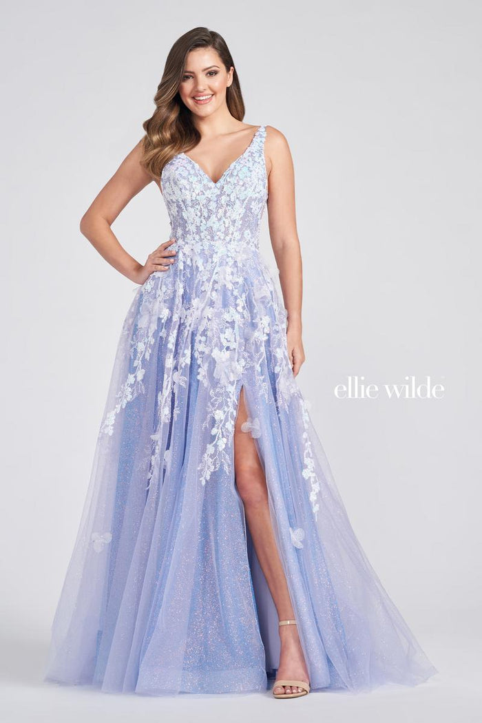 Ellie Wilde EW122007 V-Neck A-Line Dress with Floral Appliqué